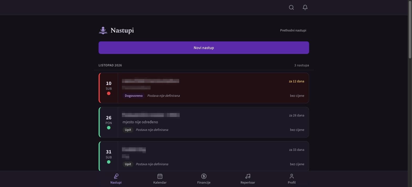 Gigs in Sufler: each booking with its date, status and whether the line-up is set (client names pixelated)